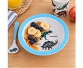 children’s dinosaur breakfast set with bowl, spoon and cup, colourful prehistoric design kids mealtime gift set