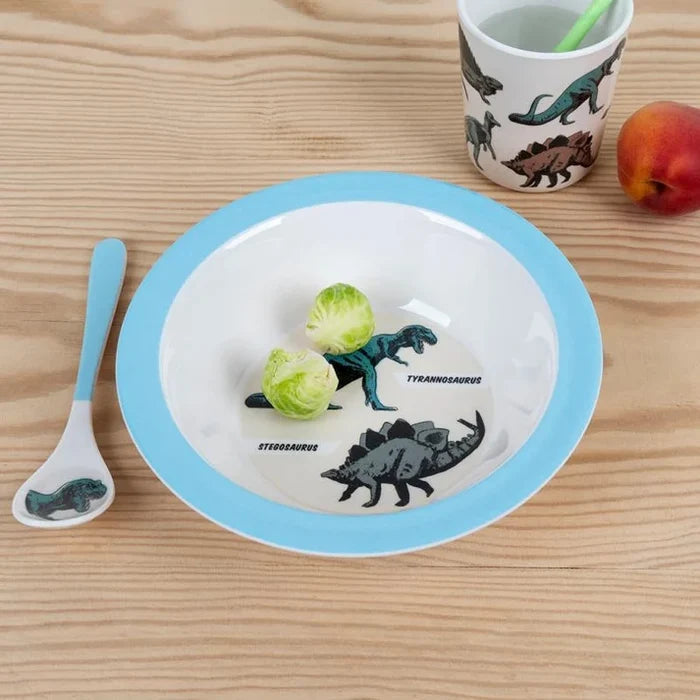 children’s dinosaur breakfast set with bowl, spoon and cup for mealtimes