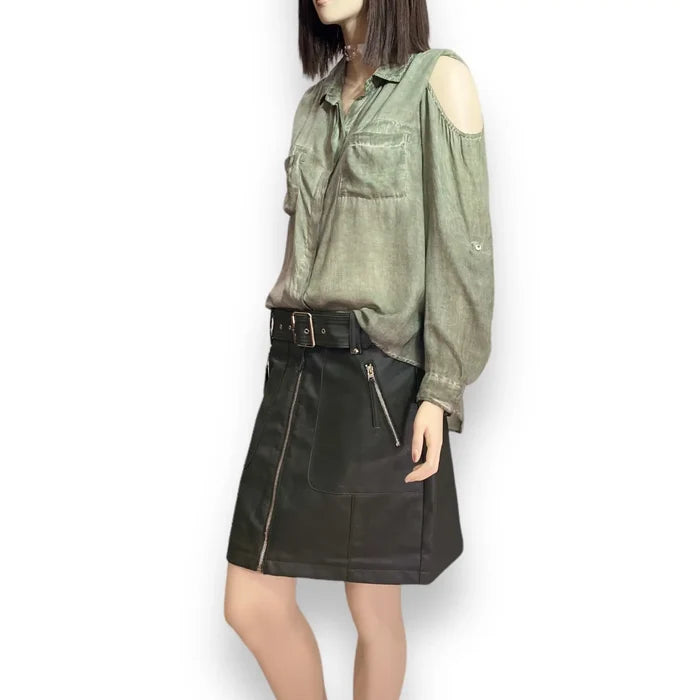 Distressed Cold Shoulder Button Down Shirt