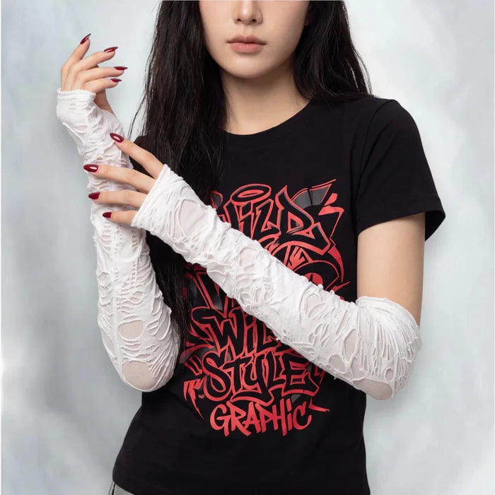 Distressed Ripped Sleeves Gloves - White / Short / Unisex - Fingerless Gloves