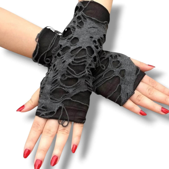 Distressed Ripped Sleeves Gloves - Gray/Black / Short / Unisex - Fingerless Gloves