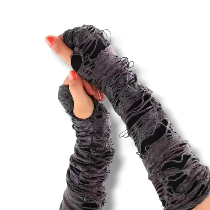 Distressed Ripped Sleeves Gloves - Gray/Black / Long / Unisex - Fingerless Gloves
