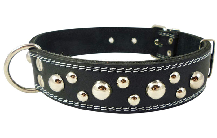 Dogs My Love Genuine 1.6" Wide Thick Leather Studded Dog Collar Black. Fits 19"-23" Neck