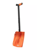 Orange snow shovel with black handle on a white background