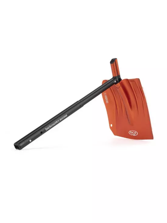 Orange folding shovel with black handle on a white background