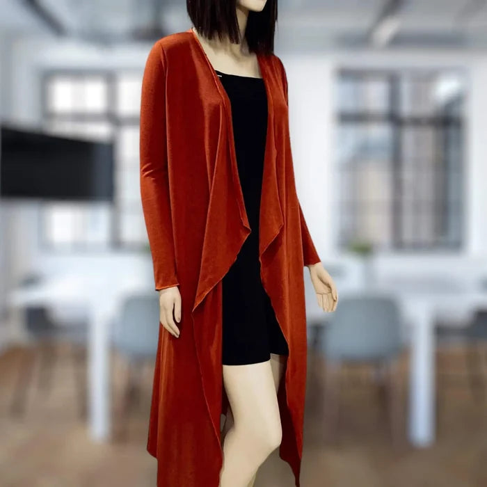 Rustic brown draped open front long sleeve cardigan with waterfall panels and asymmetric longline duster hem in soft stretch jersey knit, women’s size small