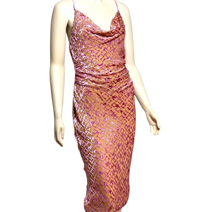 Women's Dreamy Pink Burn-out Silk Cowl Neck Crisscross Backless Calf Length Gown Size 10 (Small Couture Tailored) Catherine Malandrino
