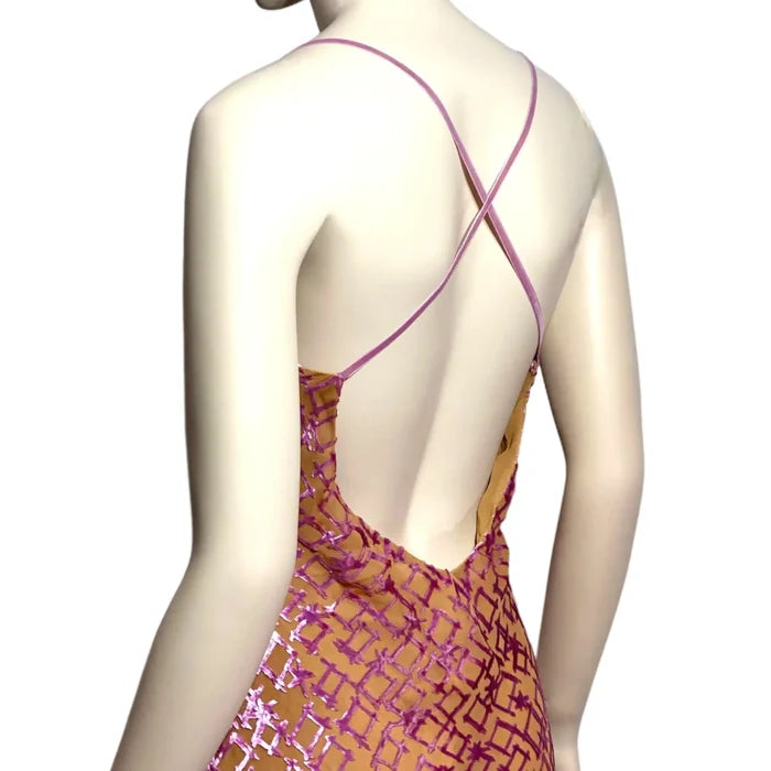Women's Dreamy Pink Burn-out Silk Cowl Neck Crisscross Backless Calf Length Gown Size 10 (Small Couture Tailored) Catherine Malandrino