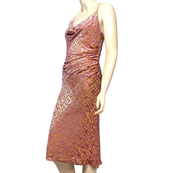 Women's Dreamy Pink Burn-out Silk Cowl Neck Crisscross Backless Calf Length Gown Size 10 (Small Couture Tailored) Catherine Malandrino