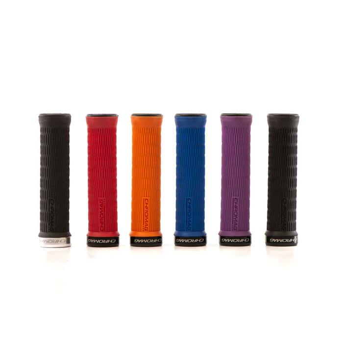 Set of six colorful bicycle handlebar grips on a white background