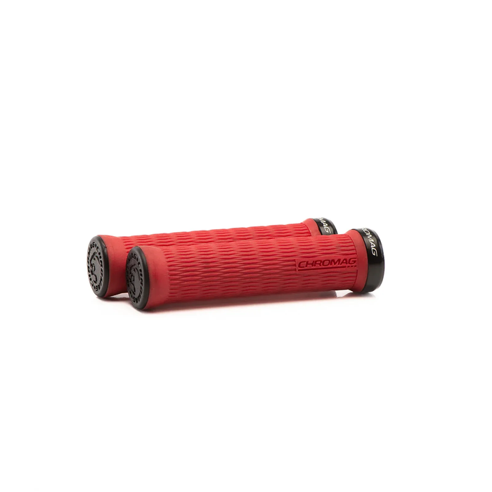 Red bicycle handlebar grips with black ends on a white background