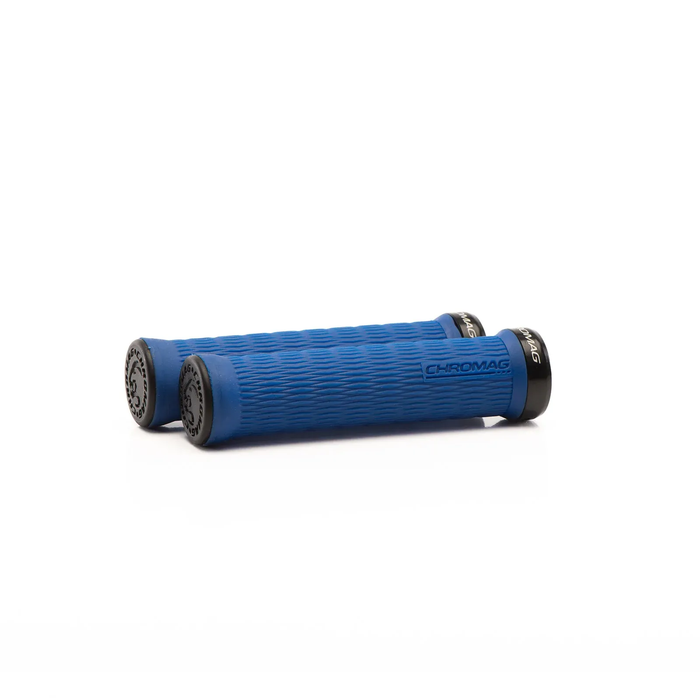 Blue bicycle handlebar grips with 'Chromag' branding on a white background