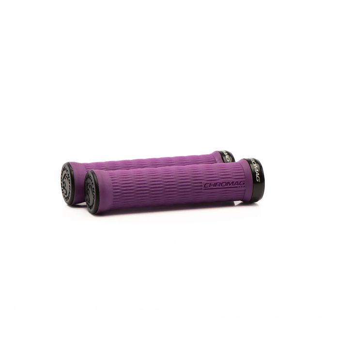 Purple bicycle handlebar grips with black ends on a white background