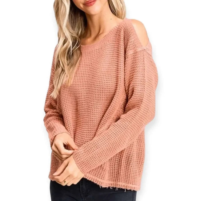Dusty Orange Open Shoulder Sweater lightweight waffle knit texture and raw edge casual streetwear style