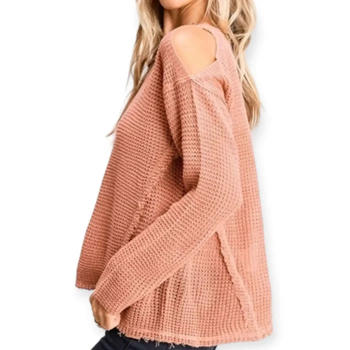 Dusty Orange Open Shoulder Sweater lightweight waffle knit texture and raw edge casual streetwear style
