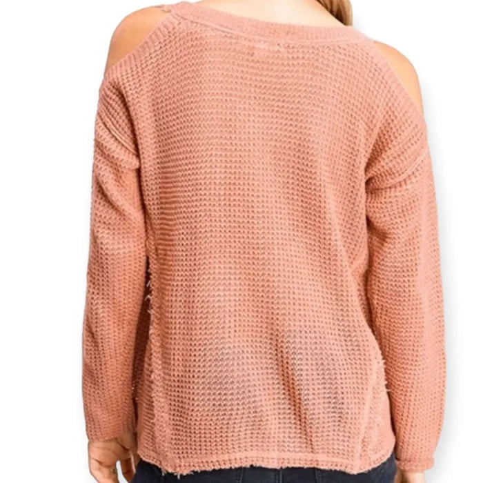 Dusty Orange Open Shoulder Sweater lightweight waffle knit texture and raw edge casual streetwear style