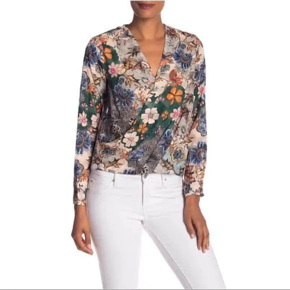 Earthy Floral V Neck Long Sleeve Blouse with envelope V neckline and lightweight textured fabric. A flattering, easy style for work or weekends medium Rachel Roy