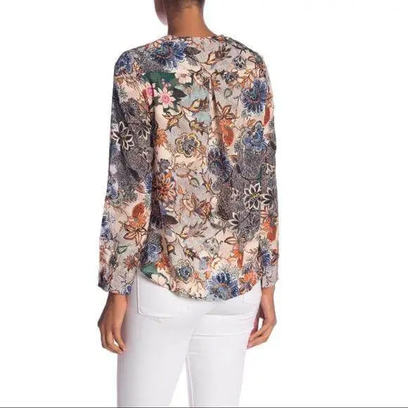 Earthy Floral V Neck Long Sleeve Blouse with envelope V neckline and lightweight textured fabric. A flattering, easy style for work or weekends medium Rachel Roy