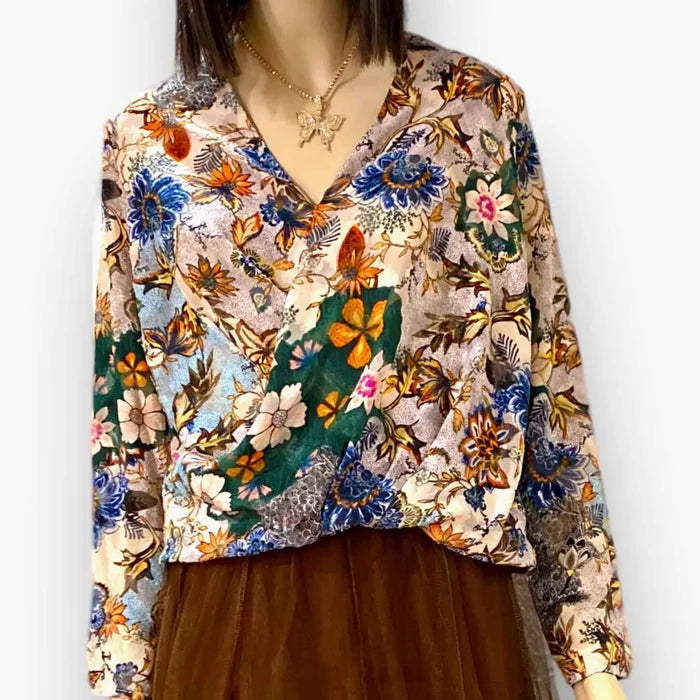 Earthy Floral V Neck Long Sleeve Blouse with envelope V neckline and lightweight textured fabric. A flattering, easy style for work or weekends medium Rachel Roy