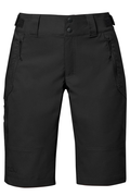 Black shorts with multiple pockets and buttons on a white background