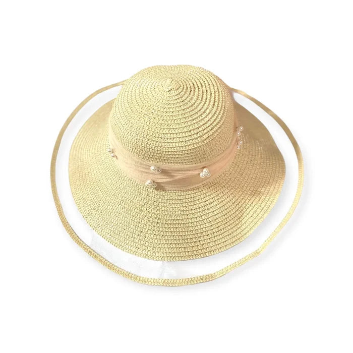 Wide brim summer beach straw sun hat in natural beige with mesh brim, peach lace bow, and pearl details for boho, coquette summer style.