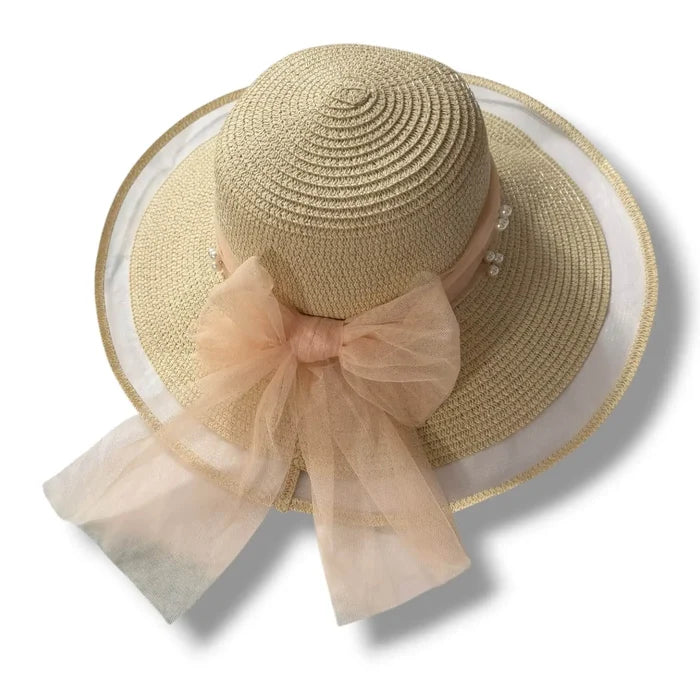 Elegant Big Bow Wide Brim Sun Hat in beige straw with peach chiffon bow, faux pearl accents, mesh brim, and chin strap