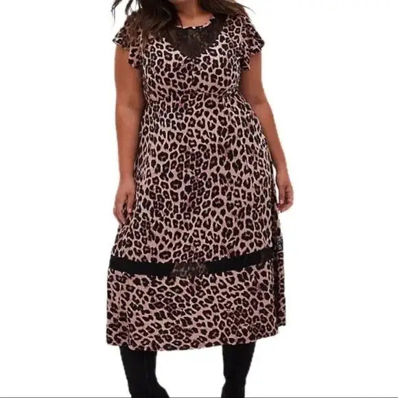 Elegant Black Lace Accent Leopard Midi Dress-Wild Time Fashion