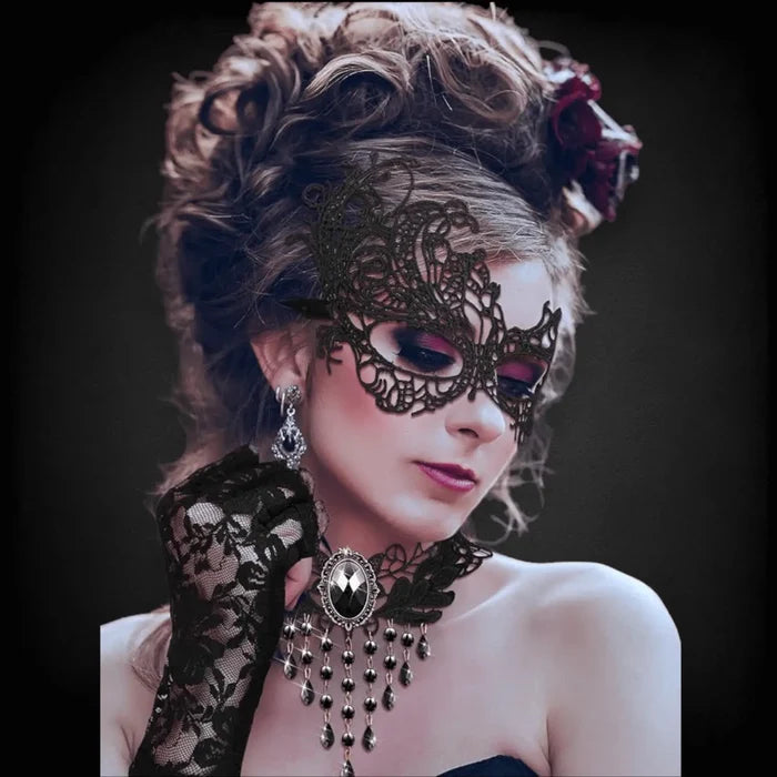 Elegant Black Lace Masquerade Face Masks queen coverage on model