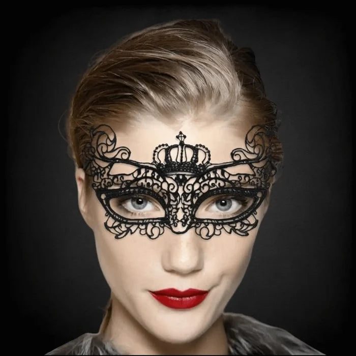 Elegant Black Lace Masquerade Face Masks crown worn on model