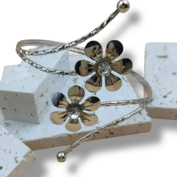 Elegant Boho Adjustable Arm Cuffs silver floral open armband bracelet for whimsigoth attire.