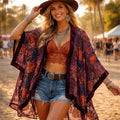 Elegant Floral Velvet Kimono Jacket plum burgundy and navy blue-sunset orange floral velvet embroidery, open front layer staple one size