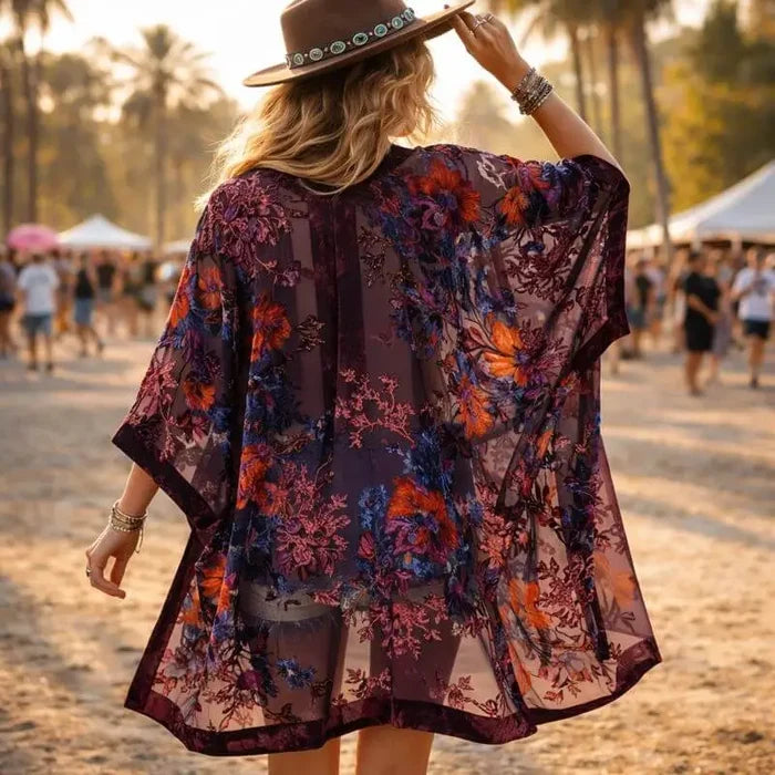 Elegant Floral Velvet Kimono Jacket plum burgundy and navy blue-sunset orange floral velvet embroidery, open front layer staple one size