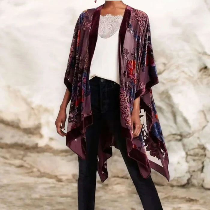 Elegant Floral Velvet Kimono Jacket plum burgundy and navy blue-sunset orange floral velvet embroidery, open front layer staple one size
