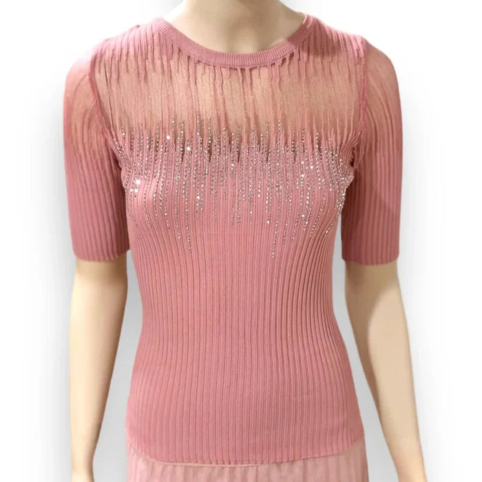 Women's Elegant Pink Embellished Illusion Top - Medium