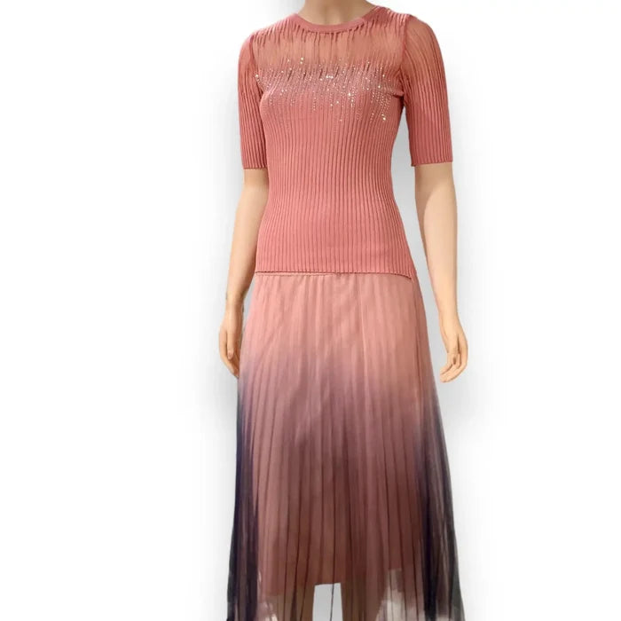 Women's Elegant Pink Embellished Illusion Top - Medium