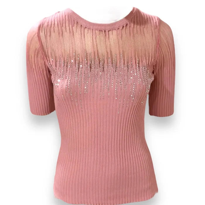 Women's Elegant Pink Embellished Illusion Top - Medium