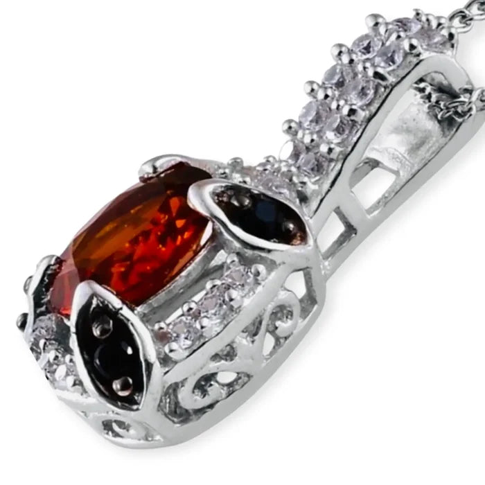 Elegant Red Citrine Gemstone Necklace with red citrine, black spinel and white quartz sterling silver pendant