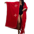 Elegant red tribal embroidery maxi kimono with white embroidered stars, high side slits, and sash waist tie for boho beachwear and summer fashion.