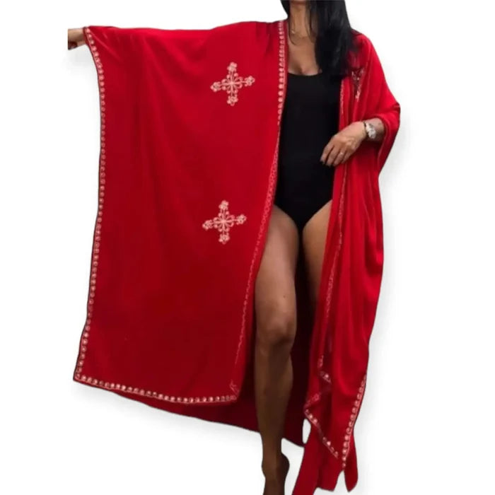 Elegant red tribal embroidery maxi kimono with white embroidered stars, high side slits, and sash waist tie for boho beachwear and summer fashion.