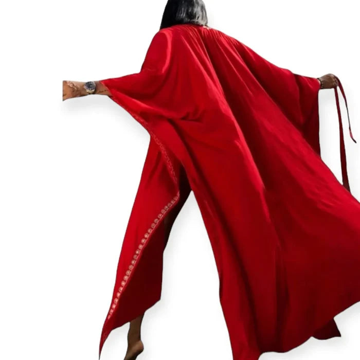Elegant red tribal embroidery maxi kimono with white embroidered stars, high side slits, and sash waist tie for boho beachwear and summer fashion.