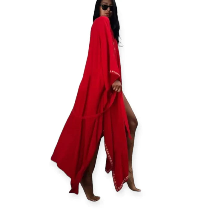 Elegant red tribal embroidery maxi kimono with white embroidered stars, high side slits, and sash waist tie for boho beachwear and summer fashion.