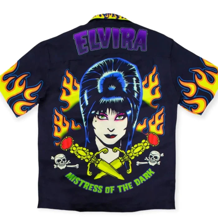 Officially licensed Elvira tattoo button up shirt with Vince Ray artwork, multicolor all-over sublimation print, skulls flames daggers, short sleeves XXL