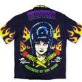 Officially licensed Elvira tattoo button up shirt with Vince Ray artwork, multicolor all-over sublimation print, skulls flames daggers, short sleeves XXL
