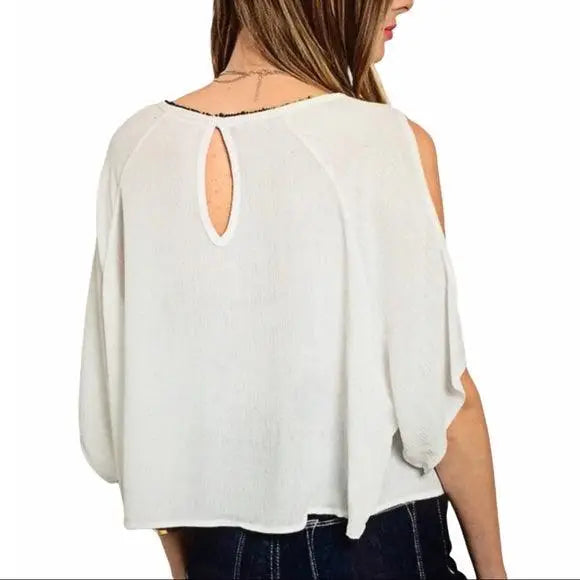 Embroidered Open-Shoulder Poncho Blouse - White black tribal embroidery and pom-pom neckline, lightweight rayon boho western festival top