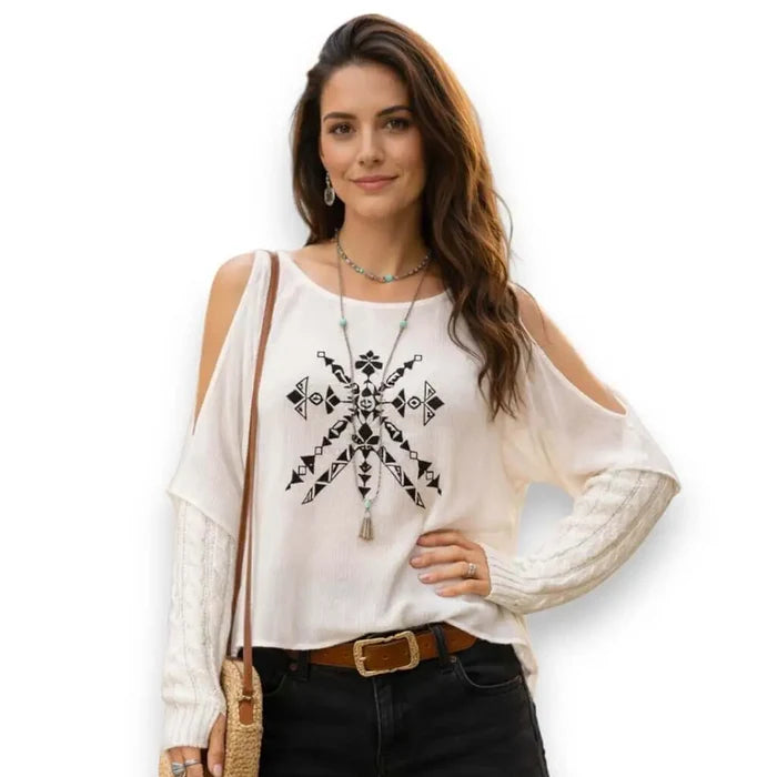 Embroidered Open-Shoulder Poncho Blouse - White black tribal embroidery and pom-pom neckline, lightweight rayon boho western festival top