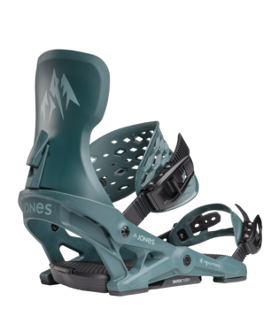 Teal snowboard bindings with black hardware on a white background