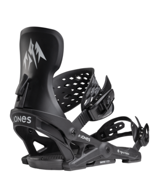 Black snowboard bindings with Jones logo on a white background