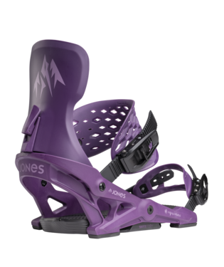 Purple snowboard bindings with black accents on a white background