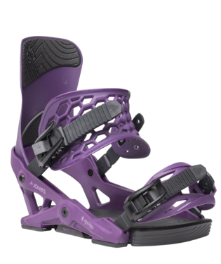 Purple snowboard bindings with black accents on a white background