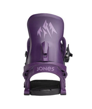 Purple snowboard binding with 'Jones' branding on a white background